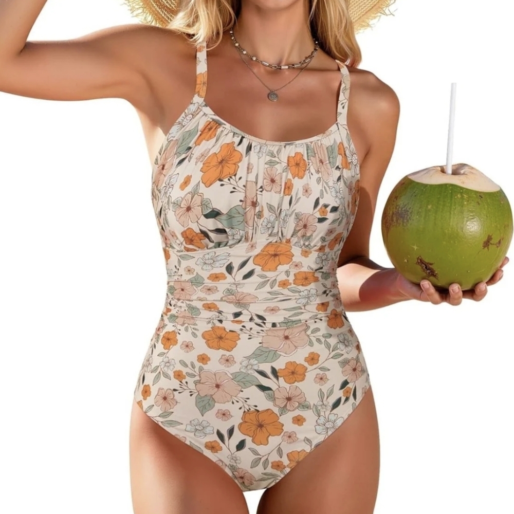 NEW Zando Floral One-Piece Swimsuit - Cream/Orange 2XL